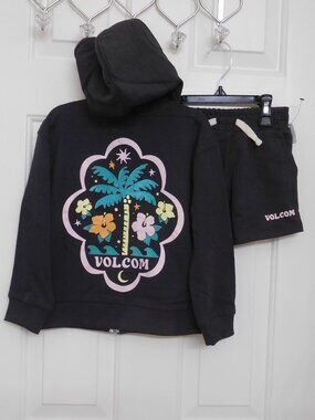 NWT 2pc Volcom Black Hooded Zip Tropical Logo Sweatshirt & Shorts Set sz 6